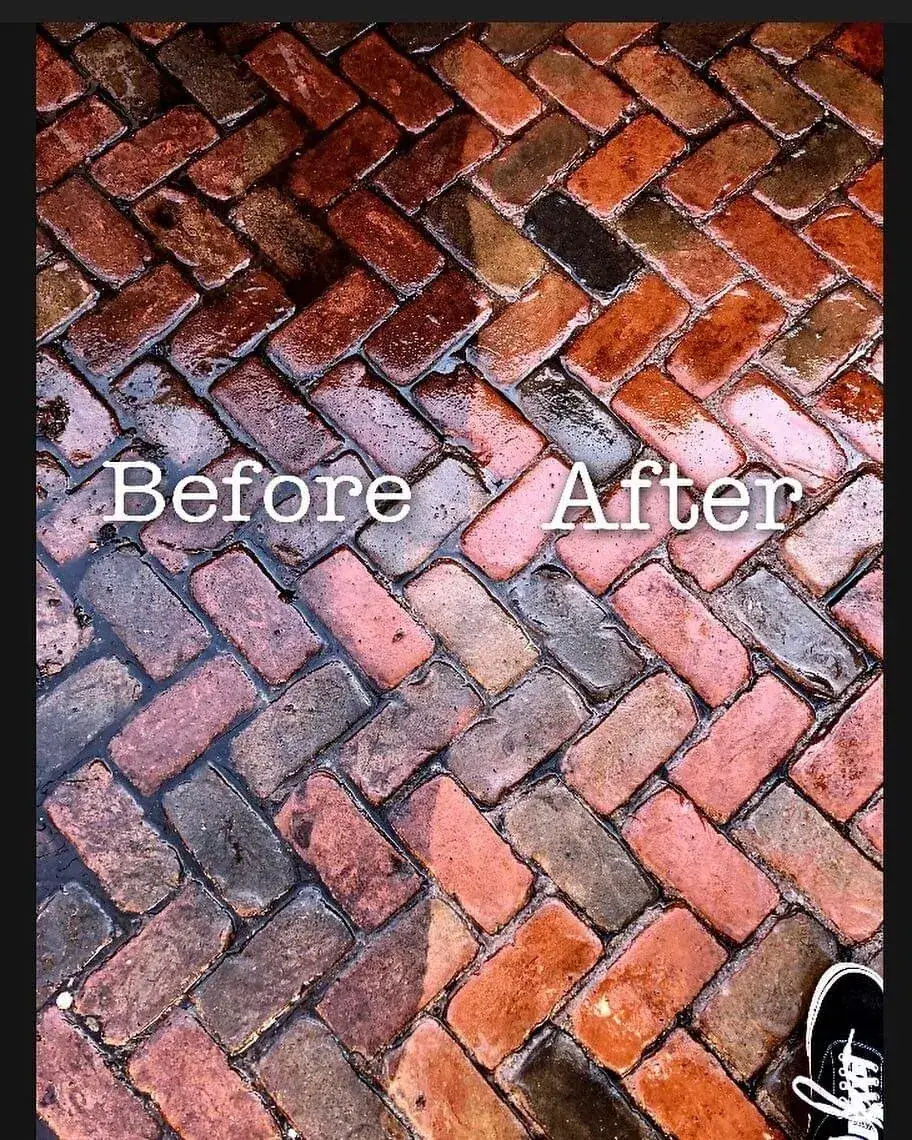Before and after of a brick walkway restored by pressure washing