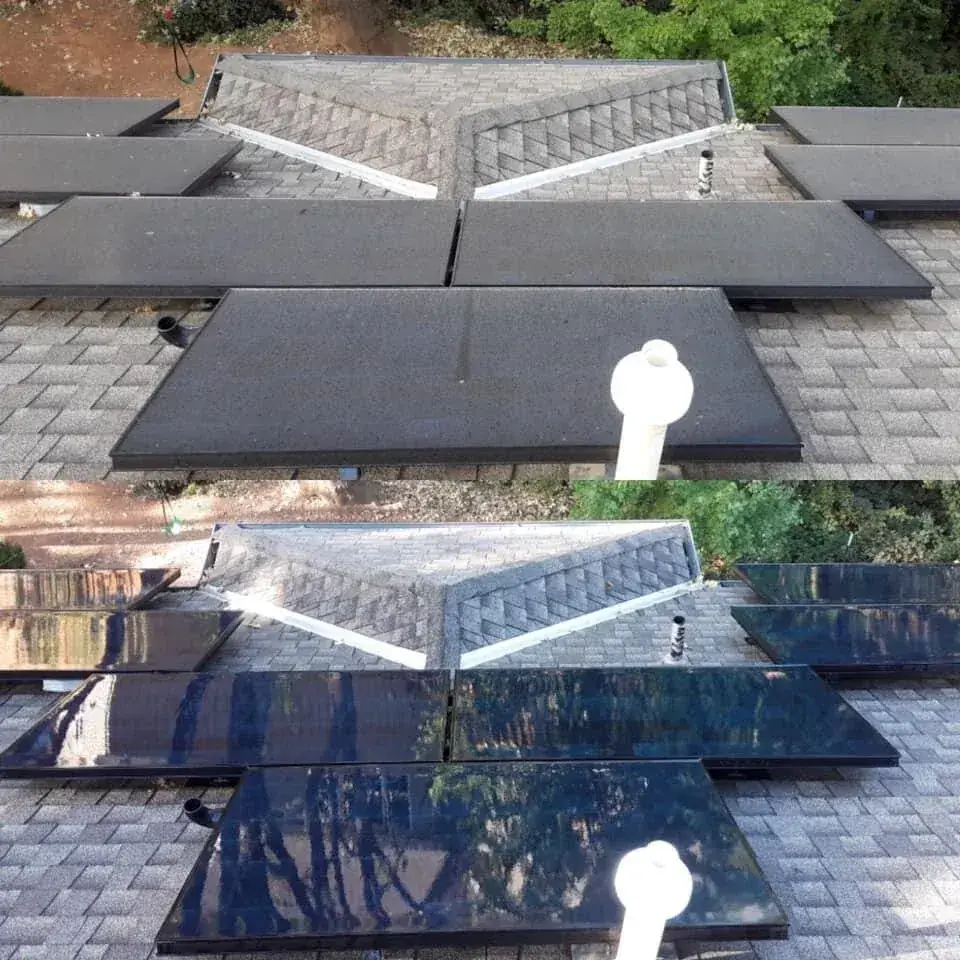 Before and after of a solar panel array cleaned by Sierra Solar Cleaners