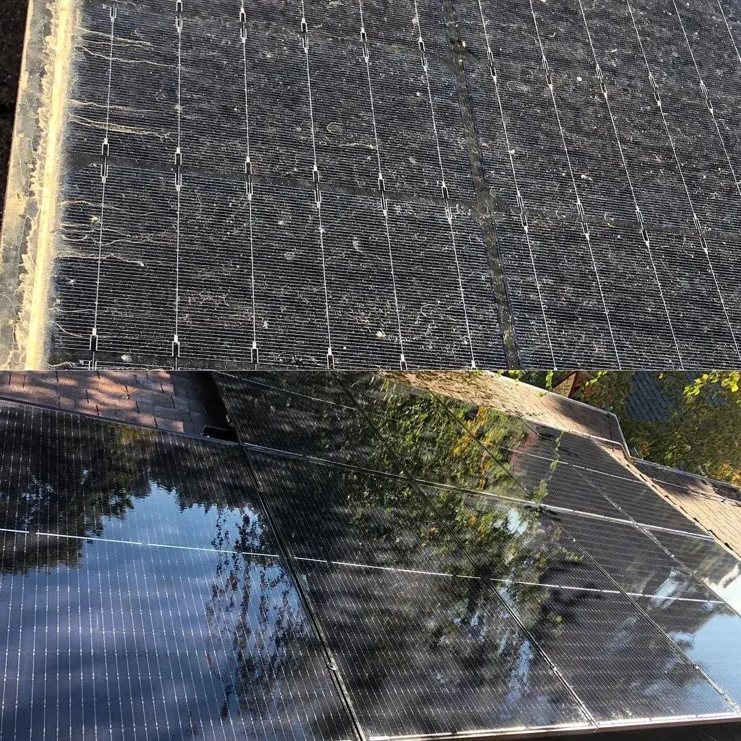 Before and after of a rooftop solar array cleaned by Sierra Solar Cleaners