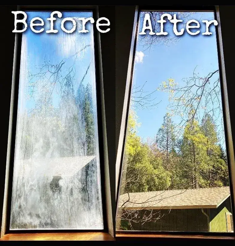 Before and after of a home window washed streak free